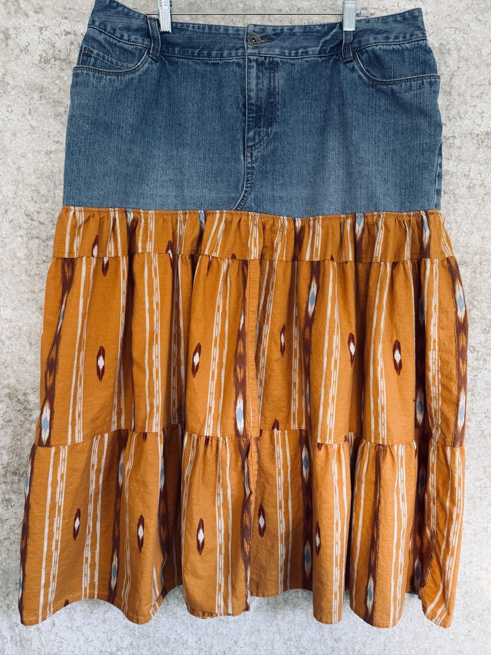 Altered Denim Tiered Southwestern Maxi Skirt - 16W